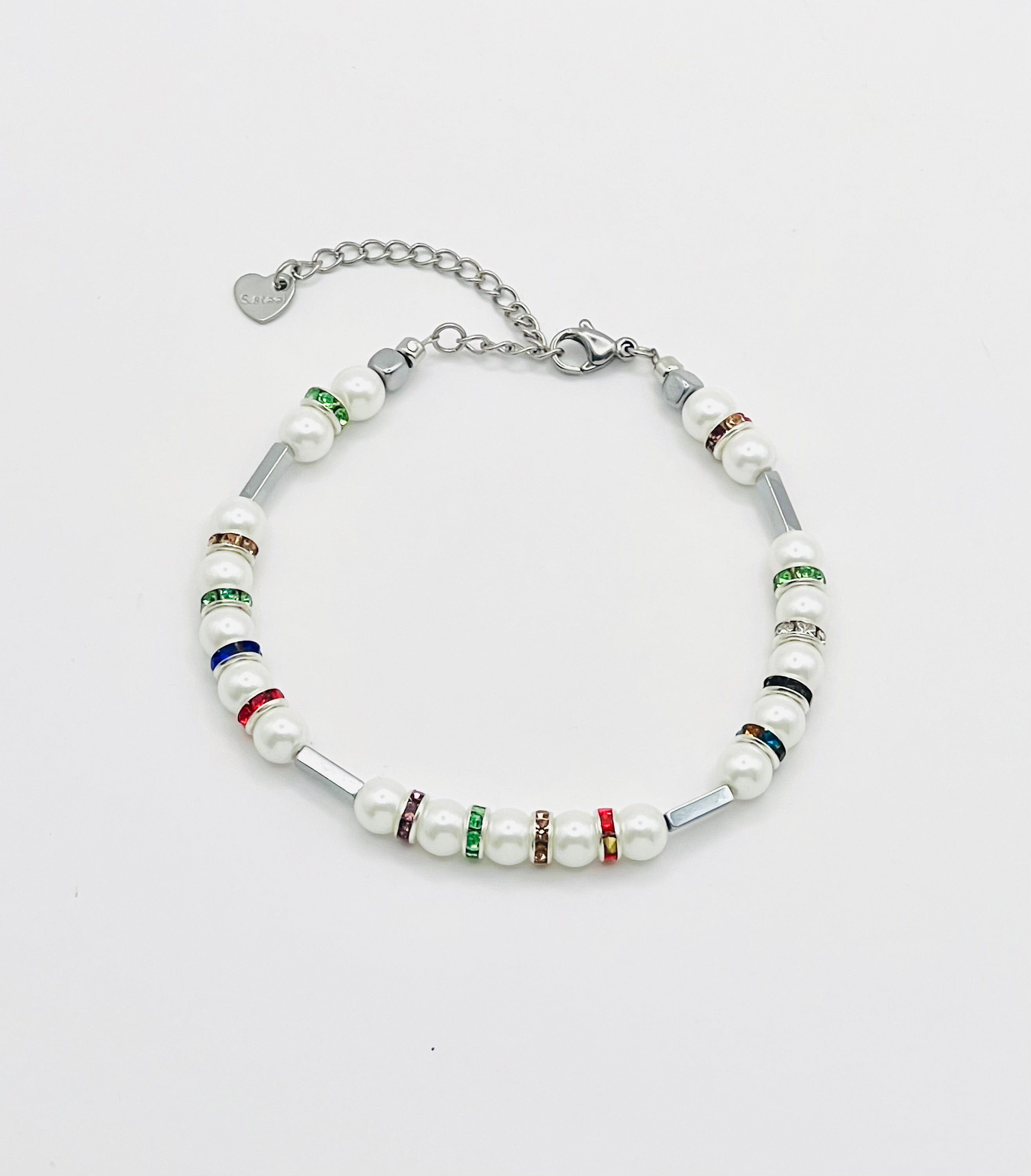 White Natural Stone & Multicolour Rhinestone Bracelet| Silver-Plated Clasp