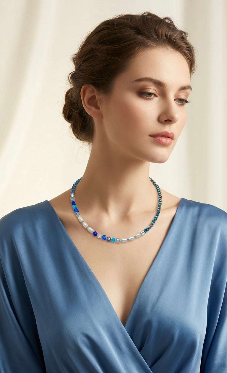 Multicolour Blue White Pearls Crystal Glass Stone Necklace Silver Steel For Women Jewellery Gift