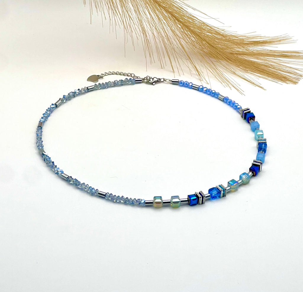 Delicate Light Blue Crystal Glass Necklace with Silver Steel