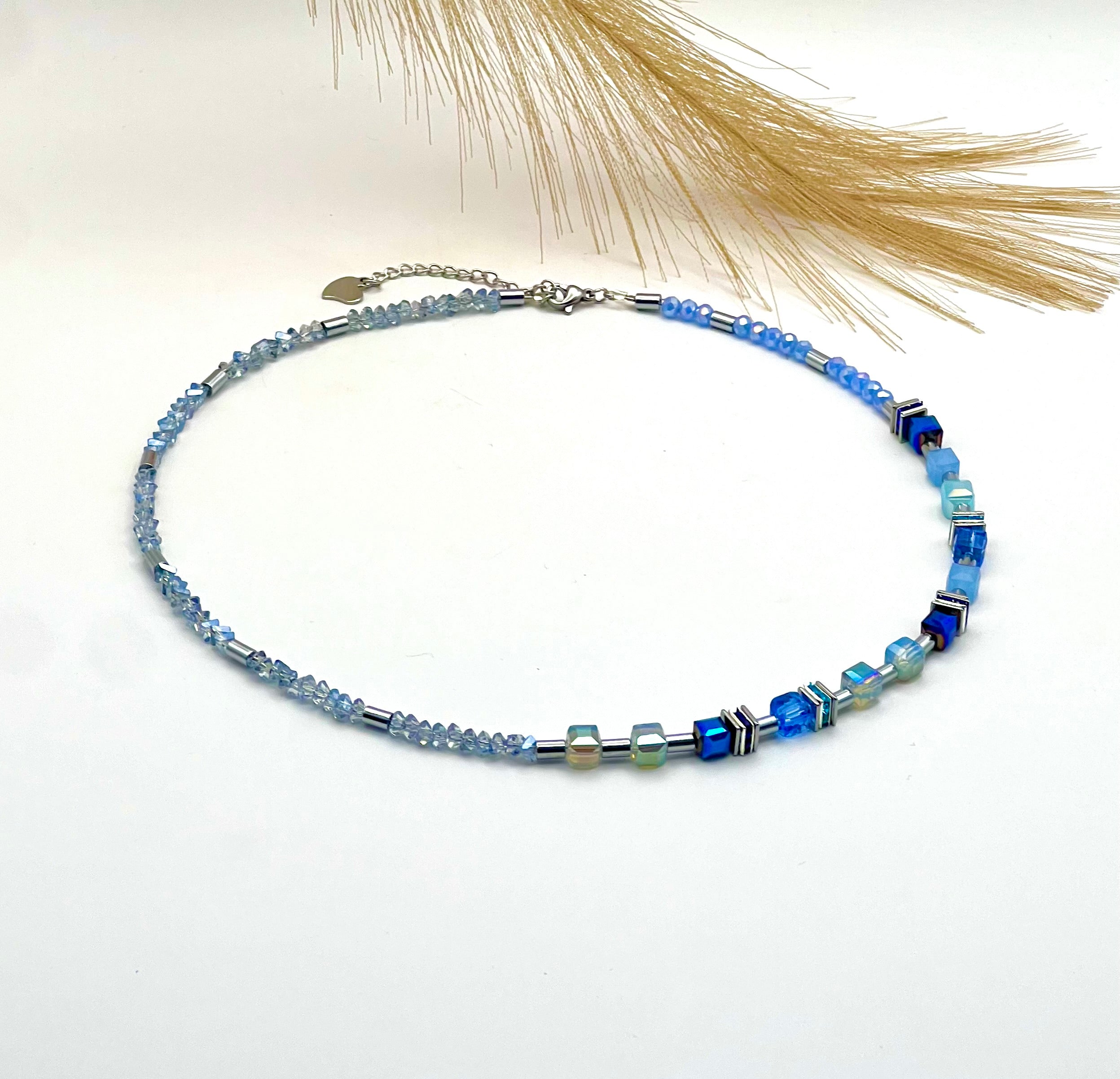 Delicate Light Blue Crystal Glass Necklace with Silver Steel