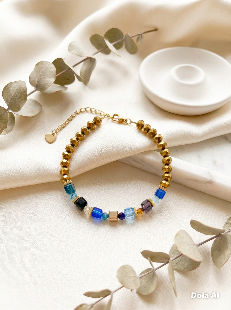 Royal Blue & Gold Crystal Glass Stone Bracelet | Gold Stainless Steel