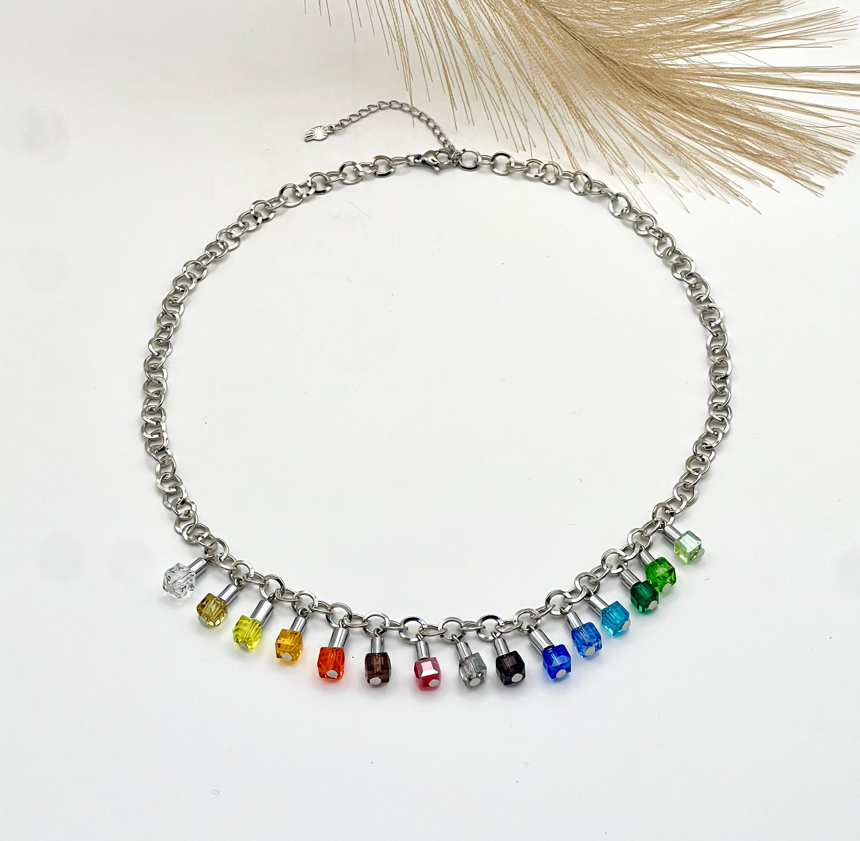 Multicolour Crystal Glass Necklace with Stainless Steel Chain