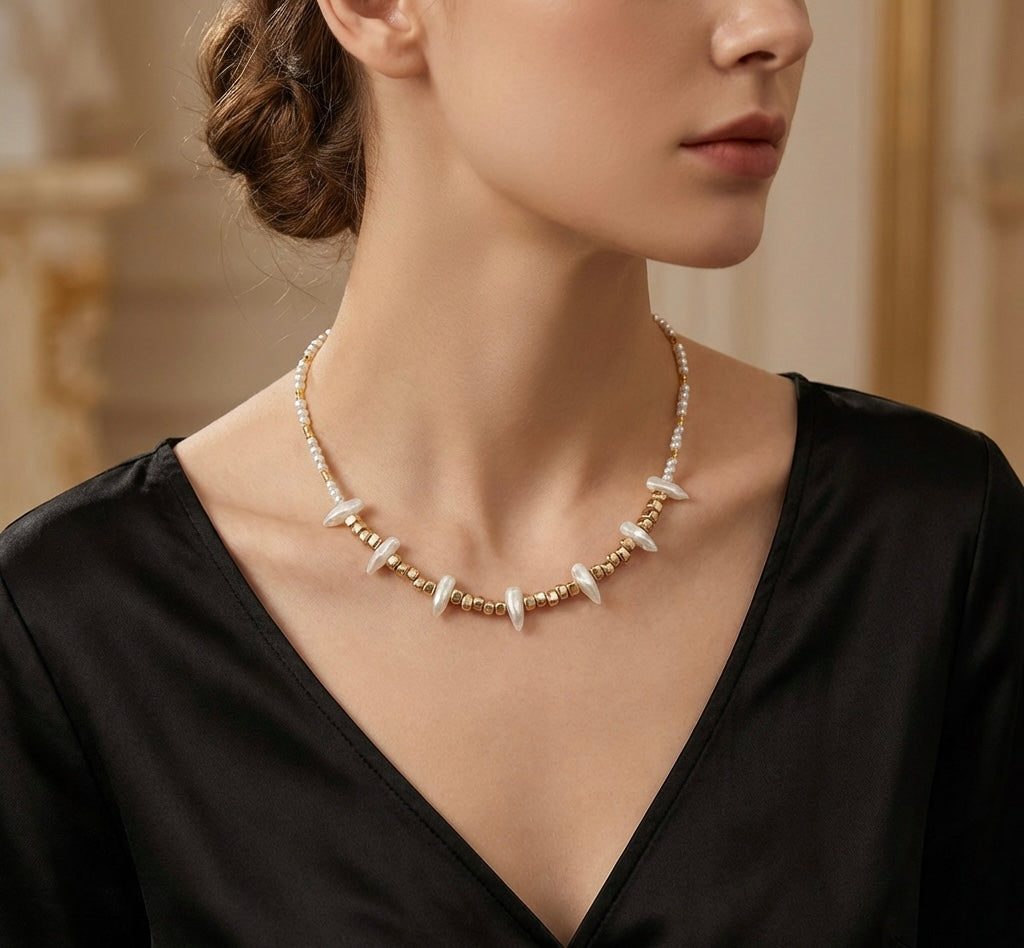 Gold & White Natural Stone Necklace | Stainless Steel