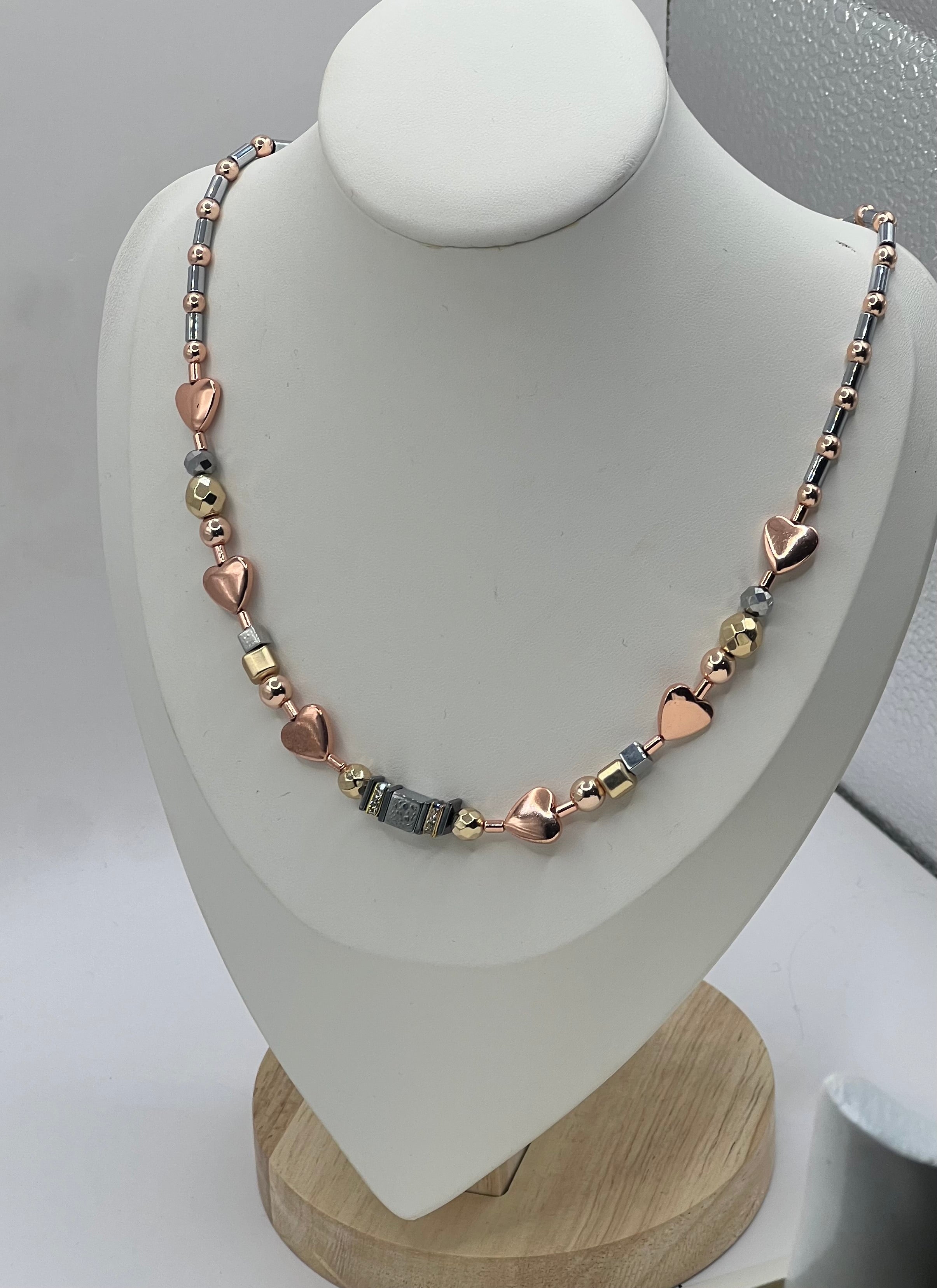 Silver, Gold & Rose Natural Stone Crystal Glass Necklace with Stainless Steel