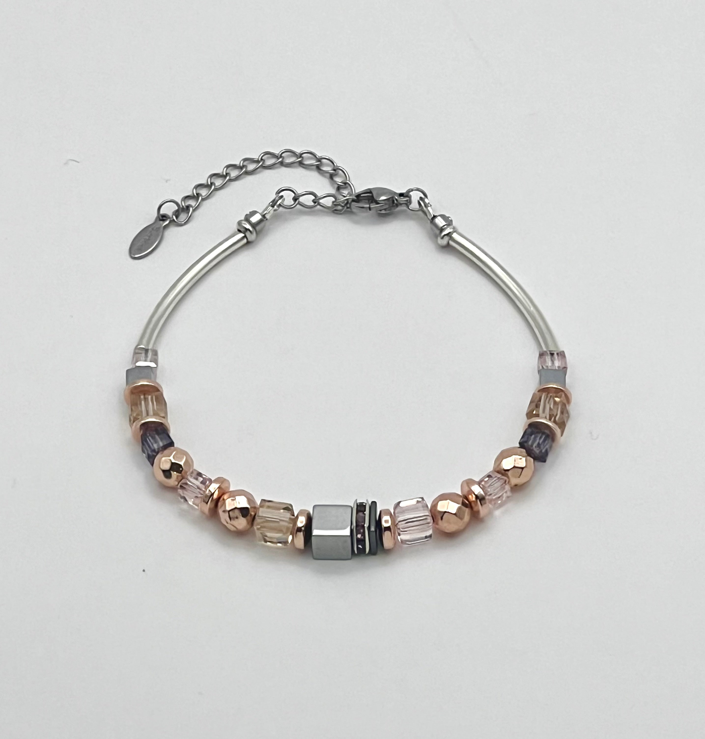 Silver, Gold & Rose Natural Stone Crystal Glass Bracelet with Stainless Steel