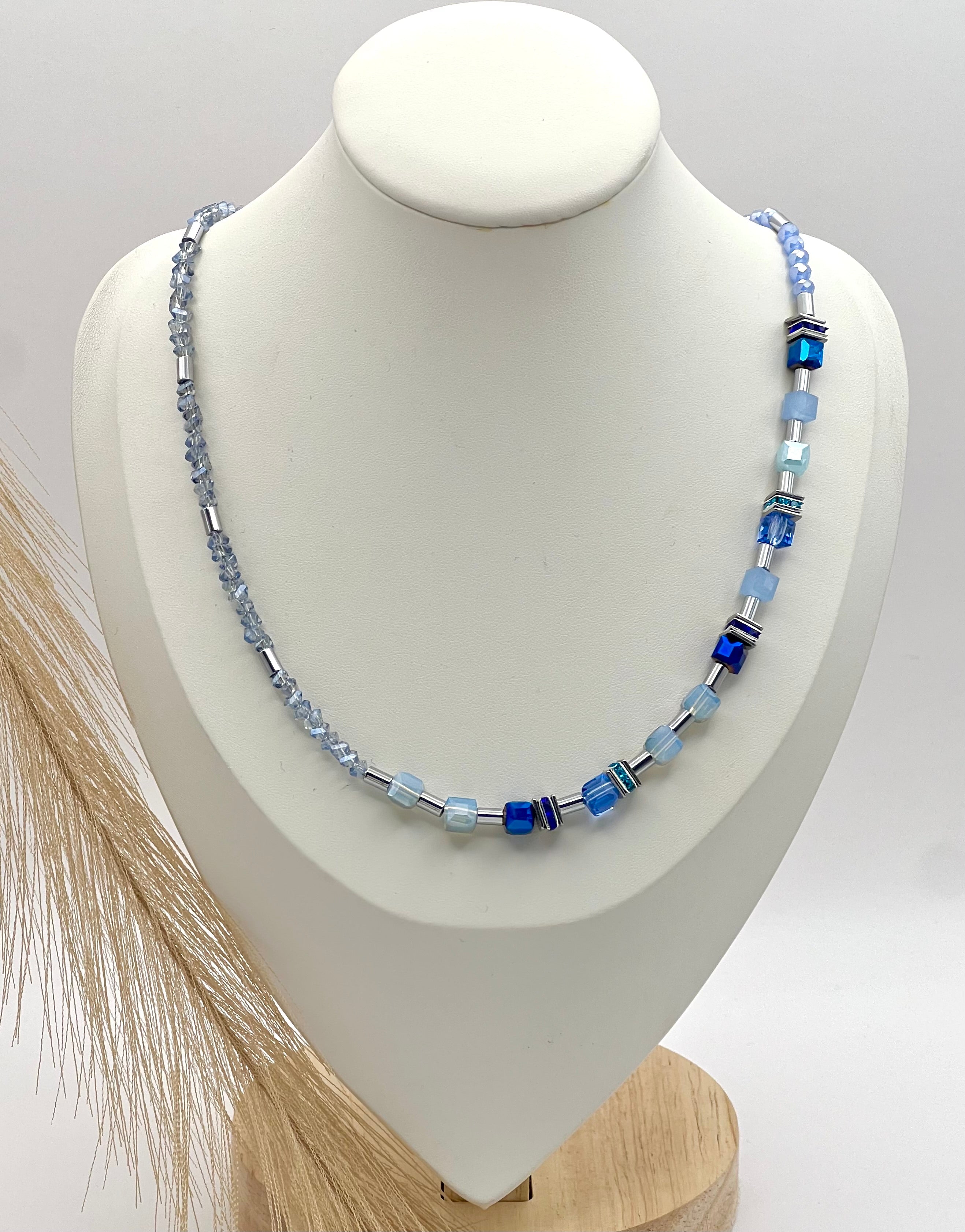 Delicate Light Blue Crystal Glass Necklace with Silver Steel