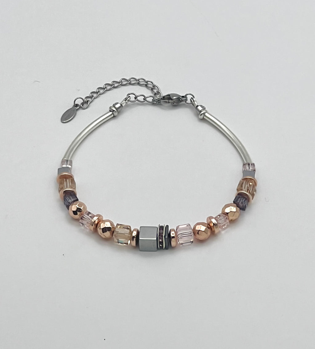 Silver, Gold & Rose Natural Stone Crystal Glass Bracelet with Stainless Steel