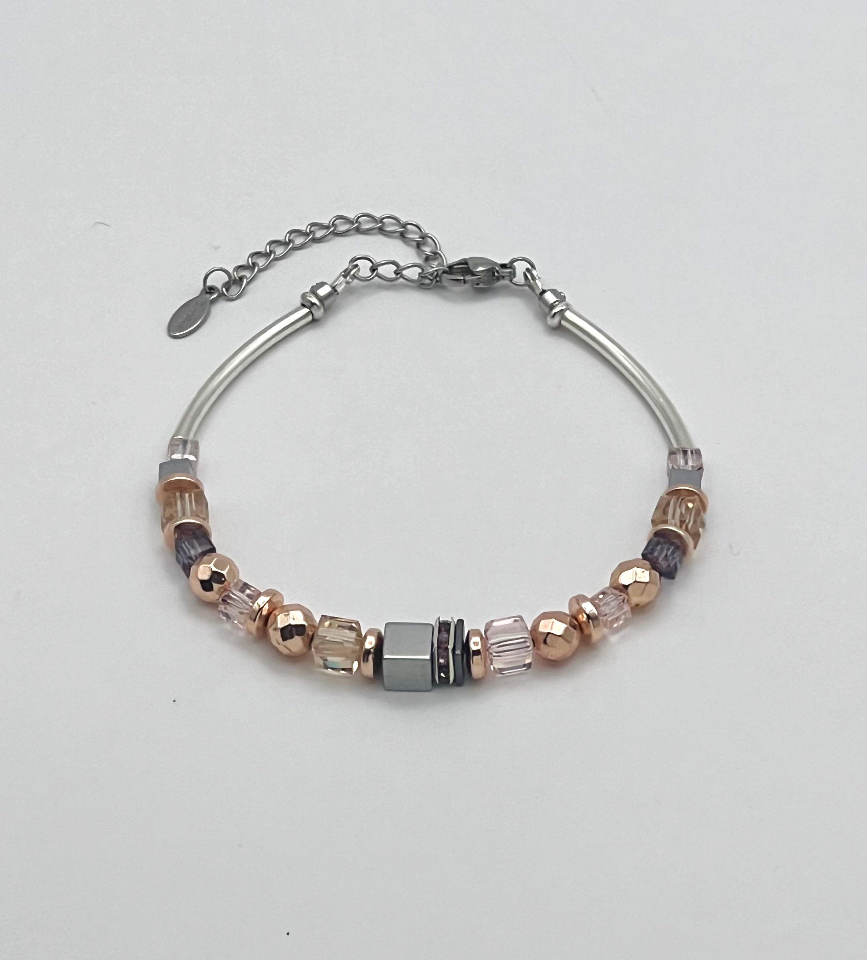 Silver, Gold & Rose Natural Stone Crystal Glass Bracelet with Stainless Steel
