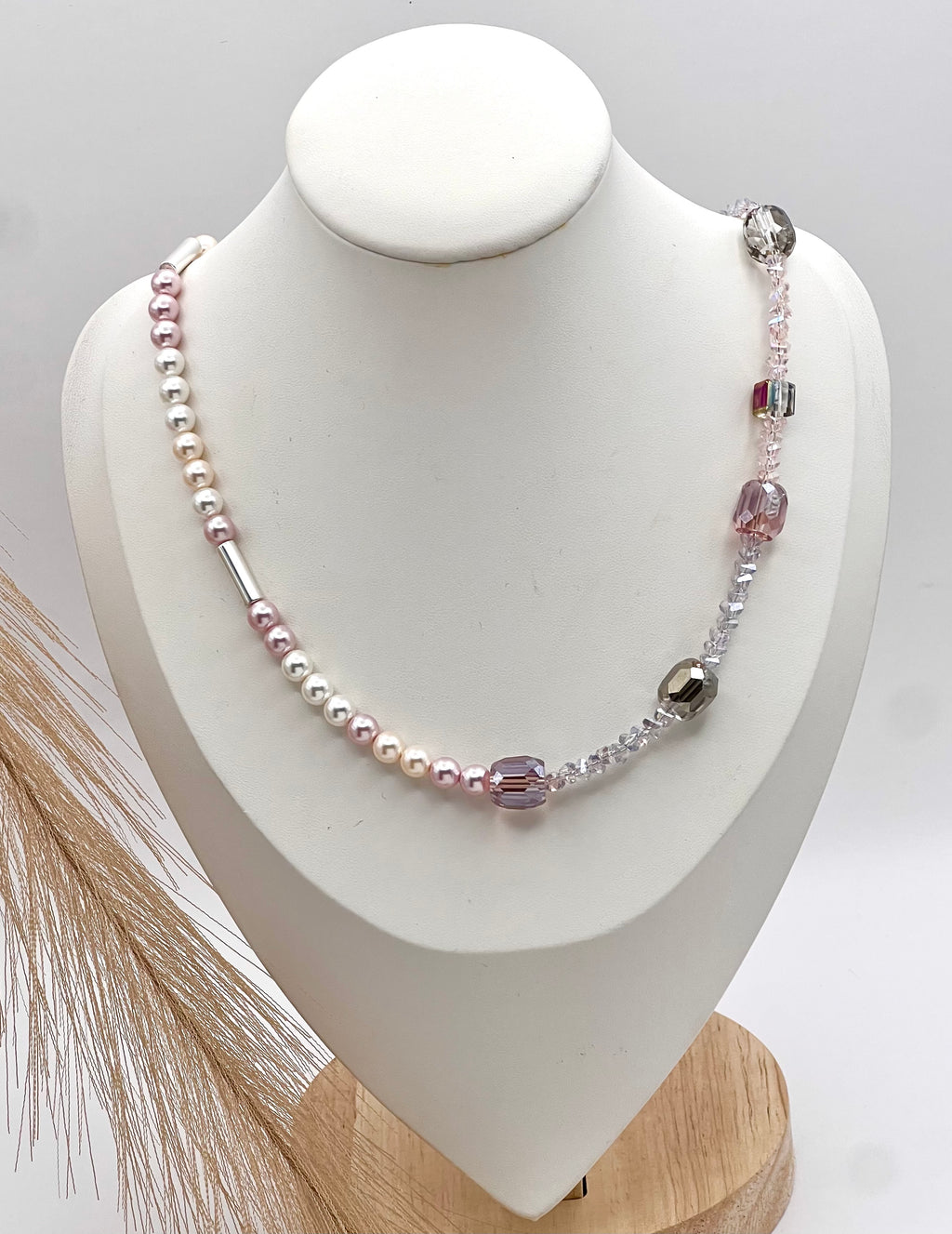 Lily of the Valley - Light pink and grey crystal glass stones necklace with a silver-plated lobster clasp