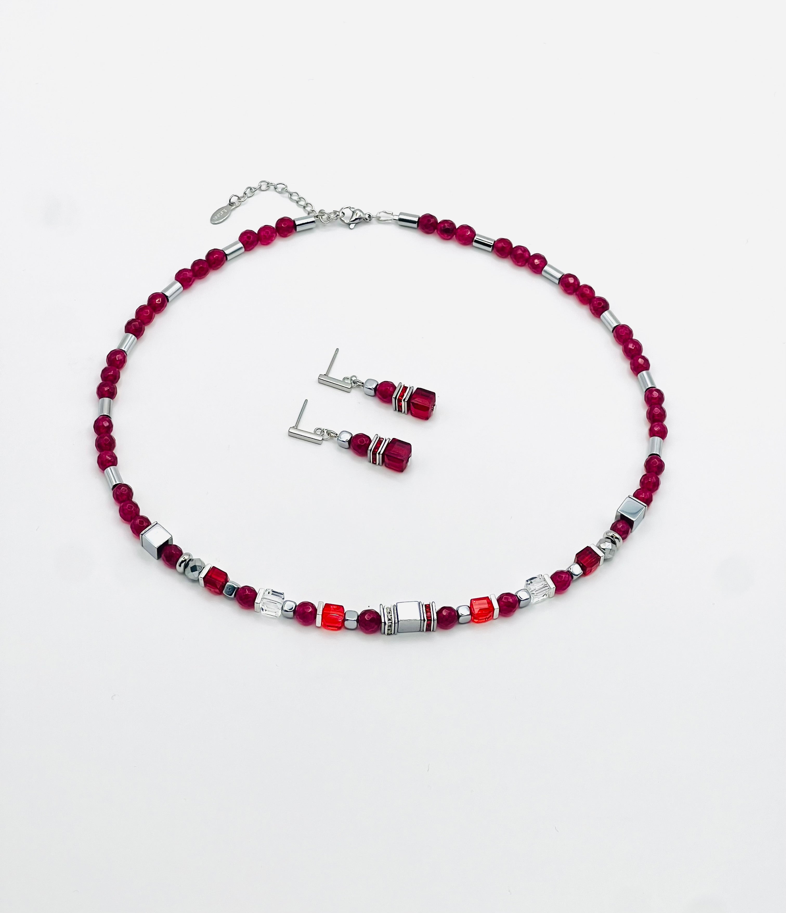 Red Crystal Glass Stone Earrings & Necklace Set – Silver Stainless Steel