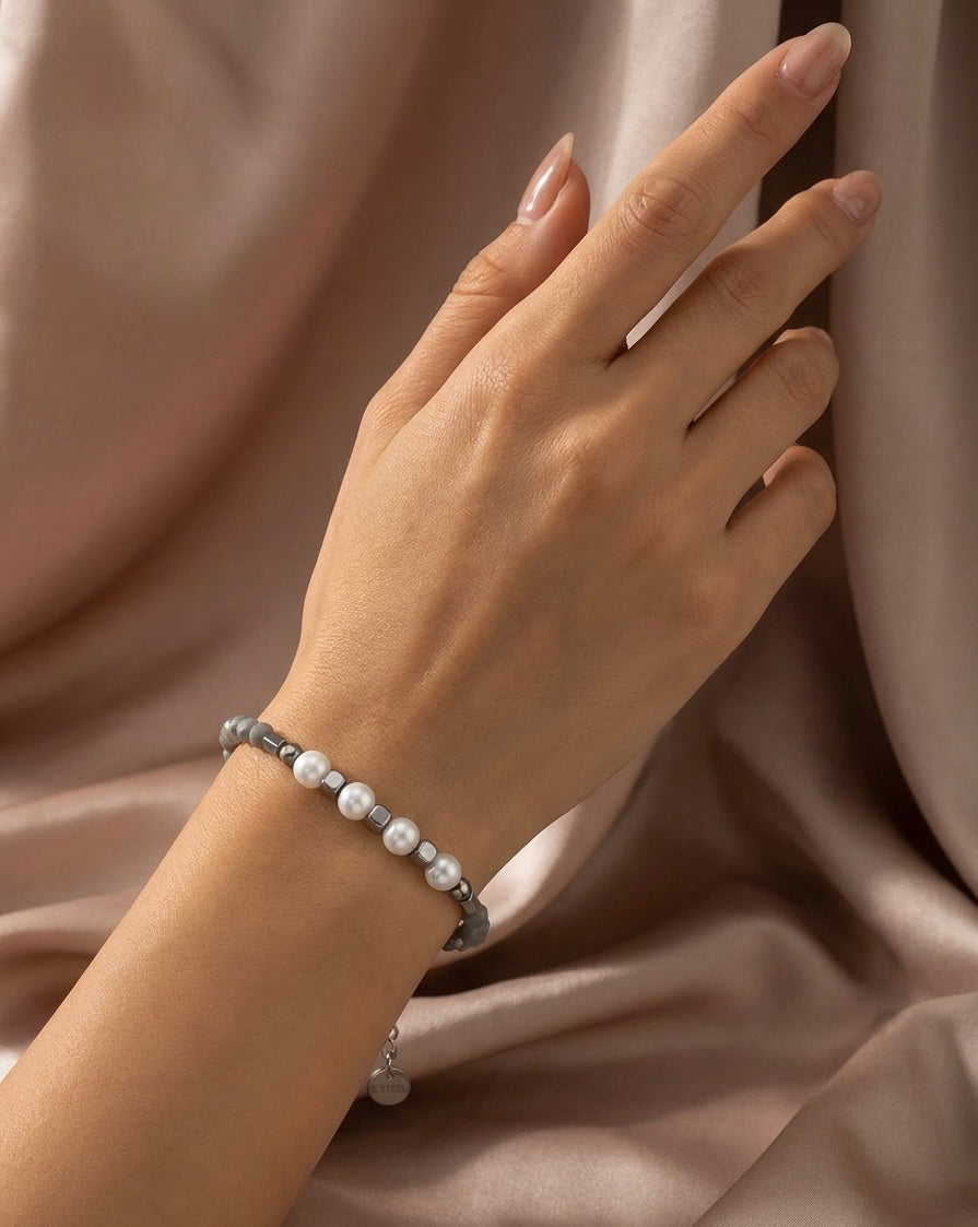 White Natural Stone & Grey Crystal Glass Bracelet | Silver Stainless Steel