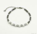 White Natural Stone & Grey Crystal Glass Bracelet | Silver Stainless Steel