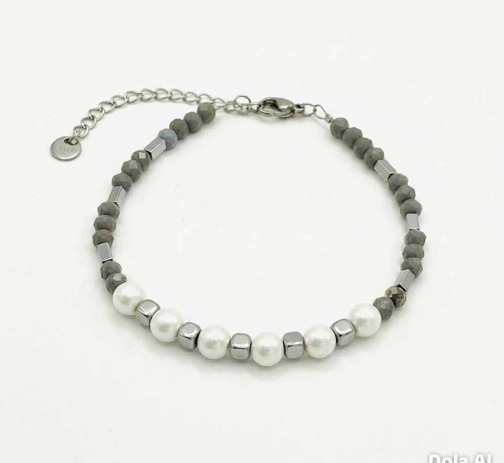White Natural Stone & Grey Crystal Glass Bracelet | Silver Stainless Steel