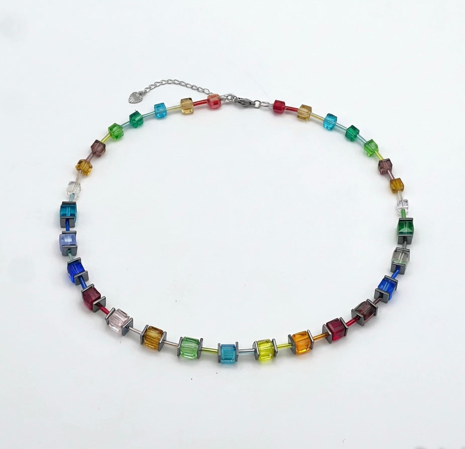 Multicolour Crystal Glass Stone Necklace | Silver Stainless Steel
