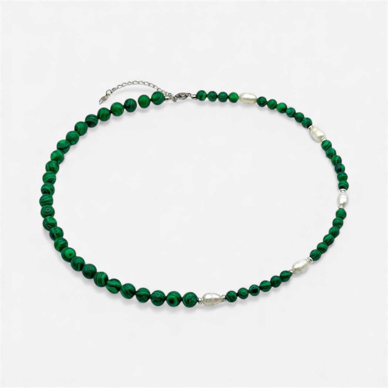Green Malachite and Freshwater Pearl Necklace with Silver Steel