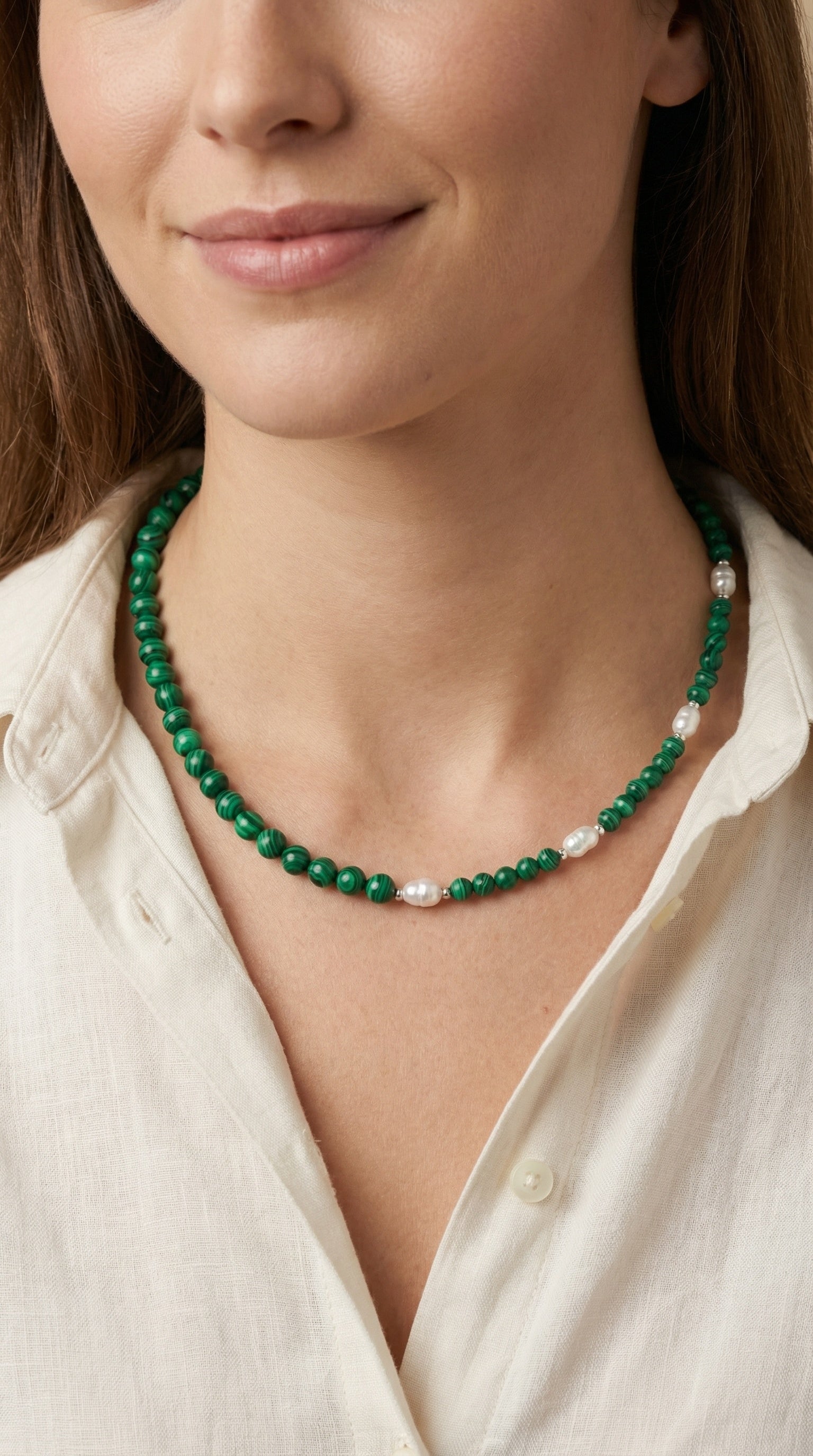 Green Malachite and Freshwater Pearl Necklace with Silver Steel