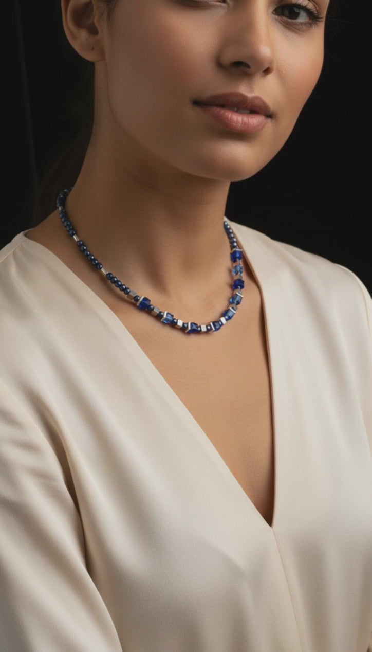 Royal Blue Crystal Glass & Natural Stone Necklace – Silver-Plated Jewelry for Women